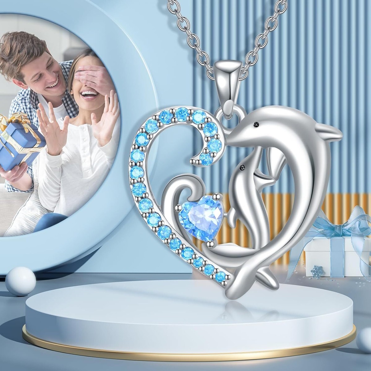 コレクション Forever Love Heart Two Dolphins 2013 Two Dolphins Love Heart Blue CZ Pendant Necklace Sterling