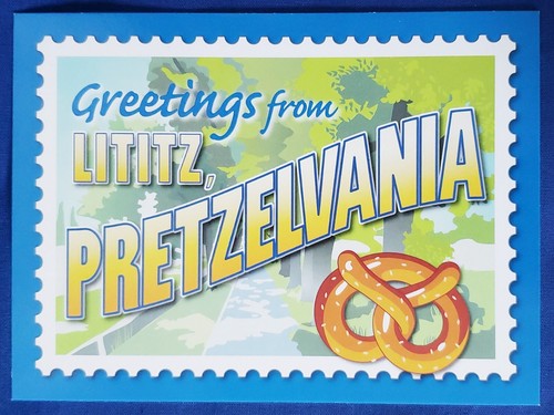 Postcard Large Letter Greetings From Lititz Pretzelvania PA Postage Stamp Style