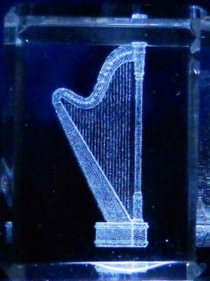 3D Laser Etched Crystal Clear Glass Harp 1 ½ x1 ¼  Gift Box Made in USA New