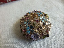 Beautiful Brooch Pin Flower Shape Gold Tone Colorful Enamel Rhinestones 1 3/4"