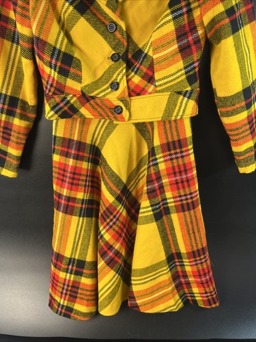 Vtg 2 Pc Plaid Wool Dress & Crop Jacket Set Pin Up Retro Small Yellow Red Black - Picture 3 of 13