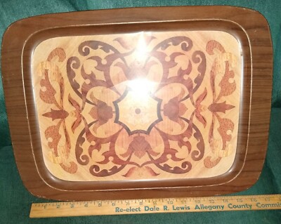Vintage Retro TV Trays Metal Snack Table Faux Wood MCM Scrollwork Design 