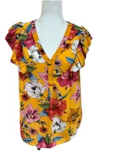 DR2 Daniel Rainn Yellow Gold Floral V Neck Blouse Women’s Size Small