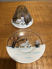 Yankee Candle Glass Winter Scene Church Covered Candle Holder Plate And Topper