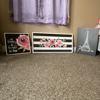 Set of 3 Wall Art Prints Floral Inspirational Paris Eiffel Tower
