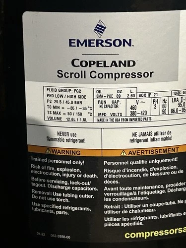 Emerson Copeland Scroll ZP137KCE-TF5-950 Compressor 230V 3PH 60Hz 137000BTU