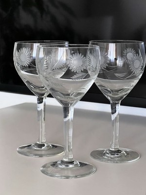 3x kleine alte Art Deco Kristall Weingläser Floraler Ätz- Schliff Dekor