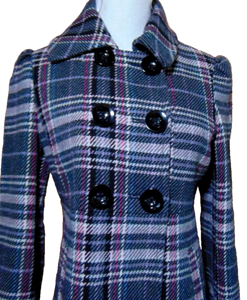 AMERICAN RAGCIE 女士羊毛混纺格子外套 背带 双重 BREAST PEACOAT ~ XS/S — 第 2/4 张图片