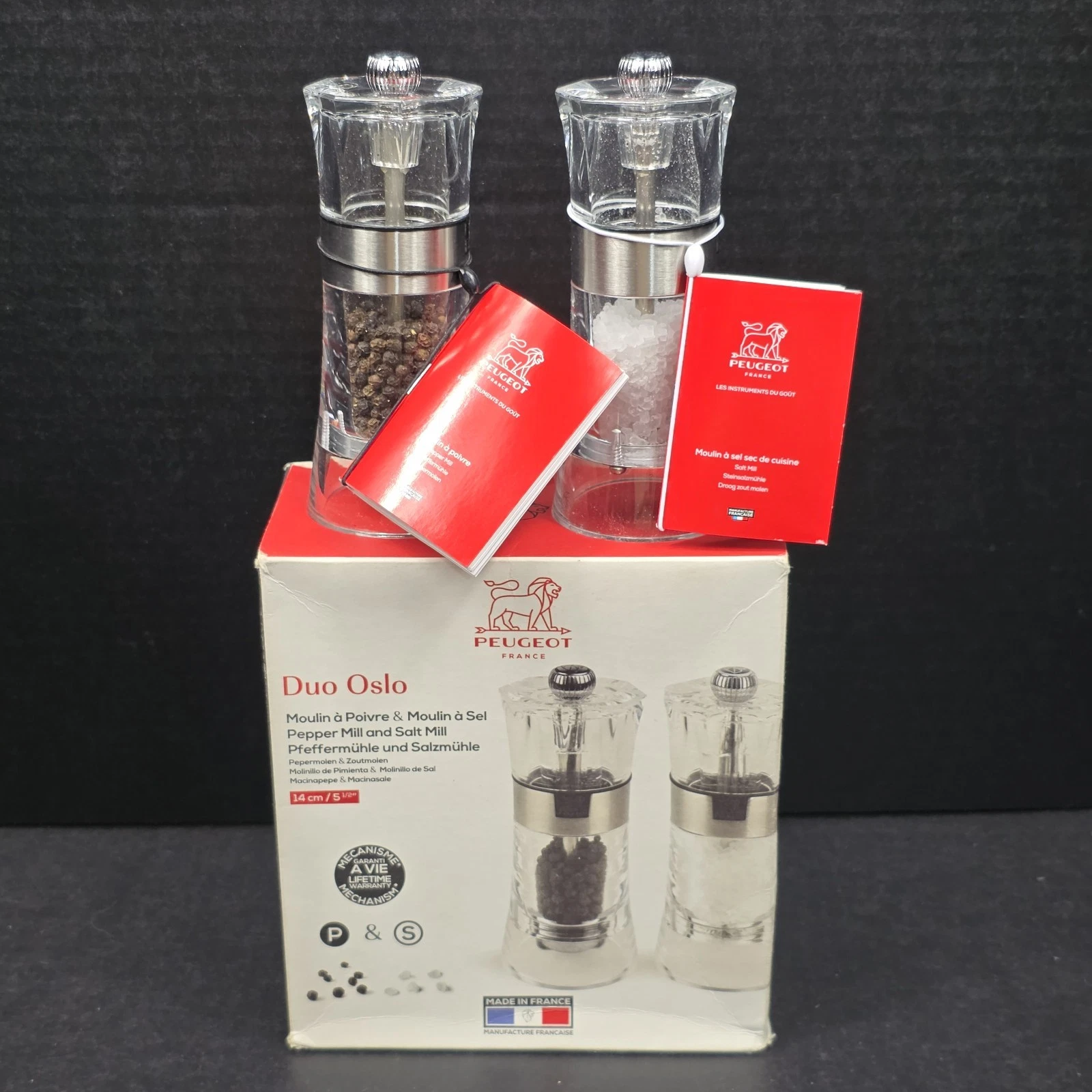 Peugeot Duo Oslo - Manual Salt & Pepper Mill, Clear Acrylic, 14cm, New Open Box!