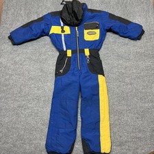 Obermeyer One Piece Snowsuit Kids 7-8 Blue Yellow Hooded Insulated Ski Winter