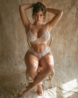 Confident Brunette in White Lace Bralette and Matching Panties Art/132615204
