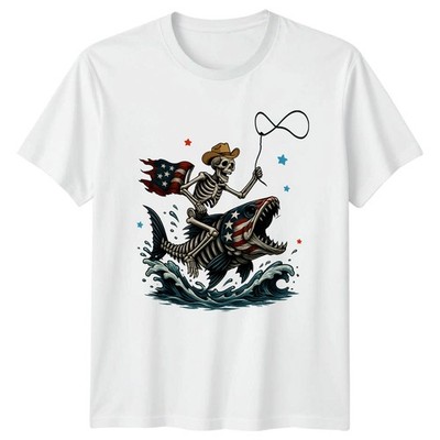 Retro Skelett Cowboy Reiten Fisch T-Shirt Patriotisch Angeln Geschenk für Sie und Ihn