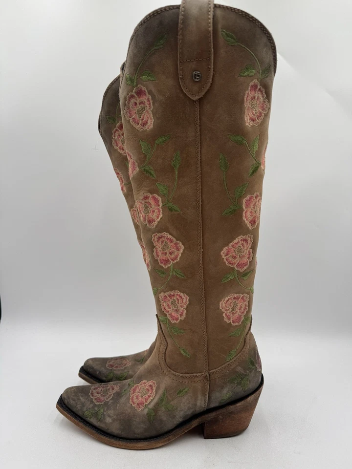 Mujer Liberty Negro Bordado Floral Alto Western Bota Cuero Marrón Talla 7M Foto 3 de 4