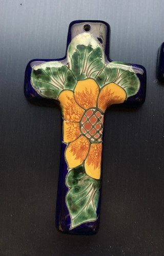 Signed Mexico TALAVERA Cross Hand Made Mexican Folk Art Pottery Wall Decor - Picture 3 of 7