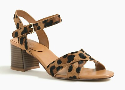 J Crew Womens Calf Hair Leopard Low Block Heel Sandals Brown Black Open  Toe