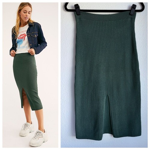 Free People Skyline Midi Pencil Skirt in Bottle Green Heather Knit Ribbed Small