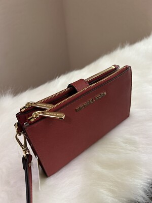 MICHAEL KORS JET SET TRAVEL DOUBLE ZIP WALLET PHONE CASE WRISTLET MK Terracotta