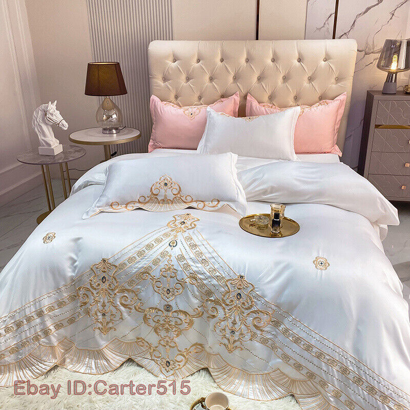 Set of Duvet Cover Gold Silk Embroidery Quilt Bedding Pillows Luxury Home Textile Bedclothes
