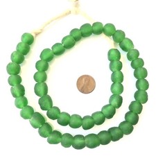Ghana Round Green handmade Recycled glass African trade beads-Ghana