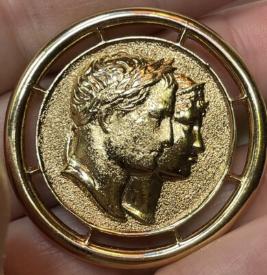 Monet Signed Golden Roman Goddess Coin Pin Vintage