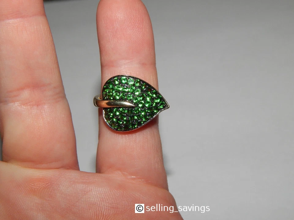 10K YELLOW GOLD TSAVORITE GREEN GARNET 7/10th INCH WIDE LEAF RING SIZE 8.75 Foto 2 de 4