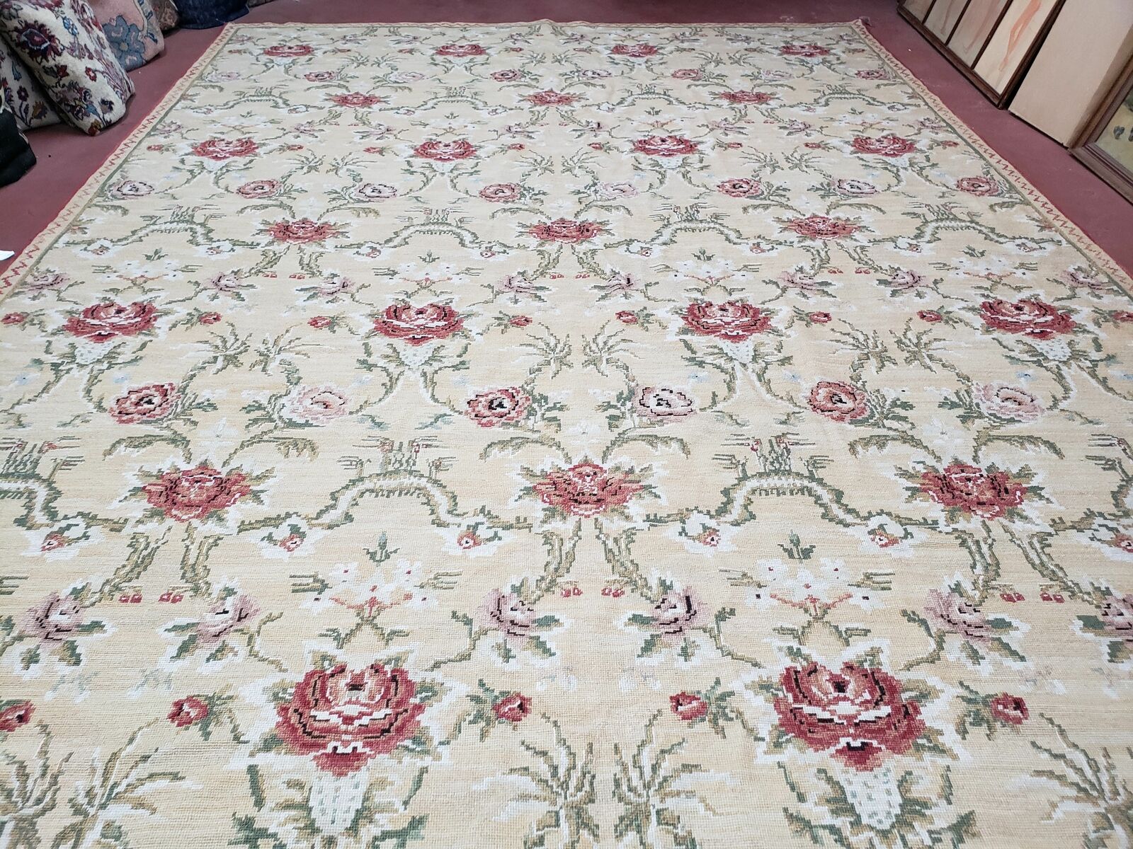 Needlepoint Rug 9x13 - 10x14 Flatweave English Allover Floral Pale Yellow Large