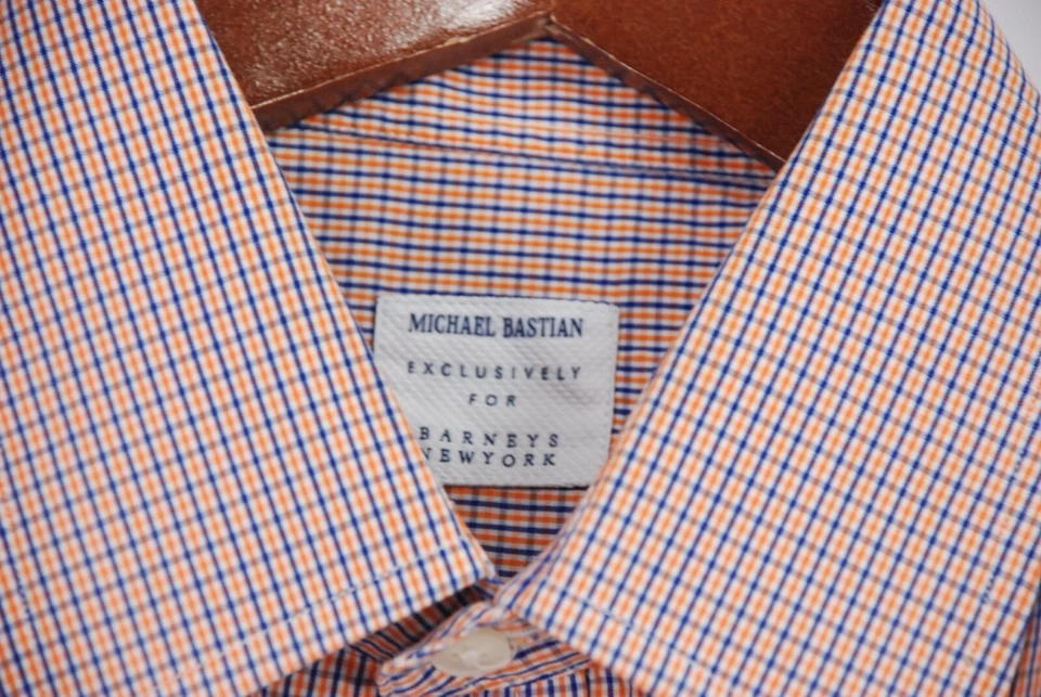Camisa de vestir ligera para hombre Michael Bastian azul naranja a cuadros 15,5 pulgadas/grande Foto 3 de 4
