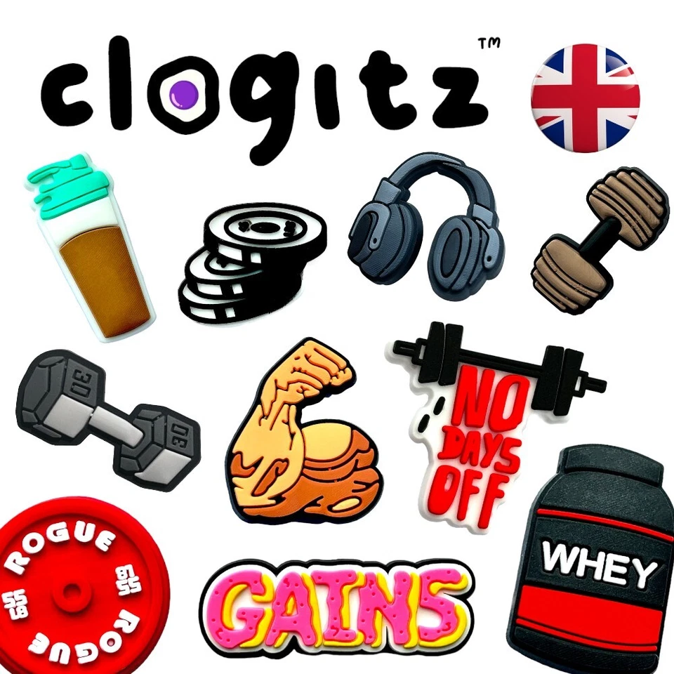 Fitnessstudio Gewichtheben 🏋💪🎧 Protein Muskeln Schuh Charms für Crocs CLOGITZ UK 🇬🇧