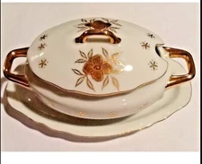 VINTAGE OVAL GOLD TRIM HANDLES & FLORAL DESIGN ATTACHED TRAY SUGAR BOWL JAPAN
