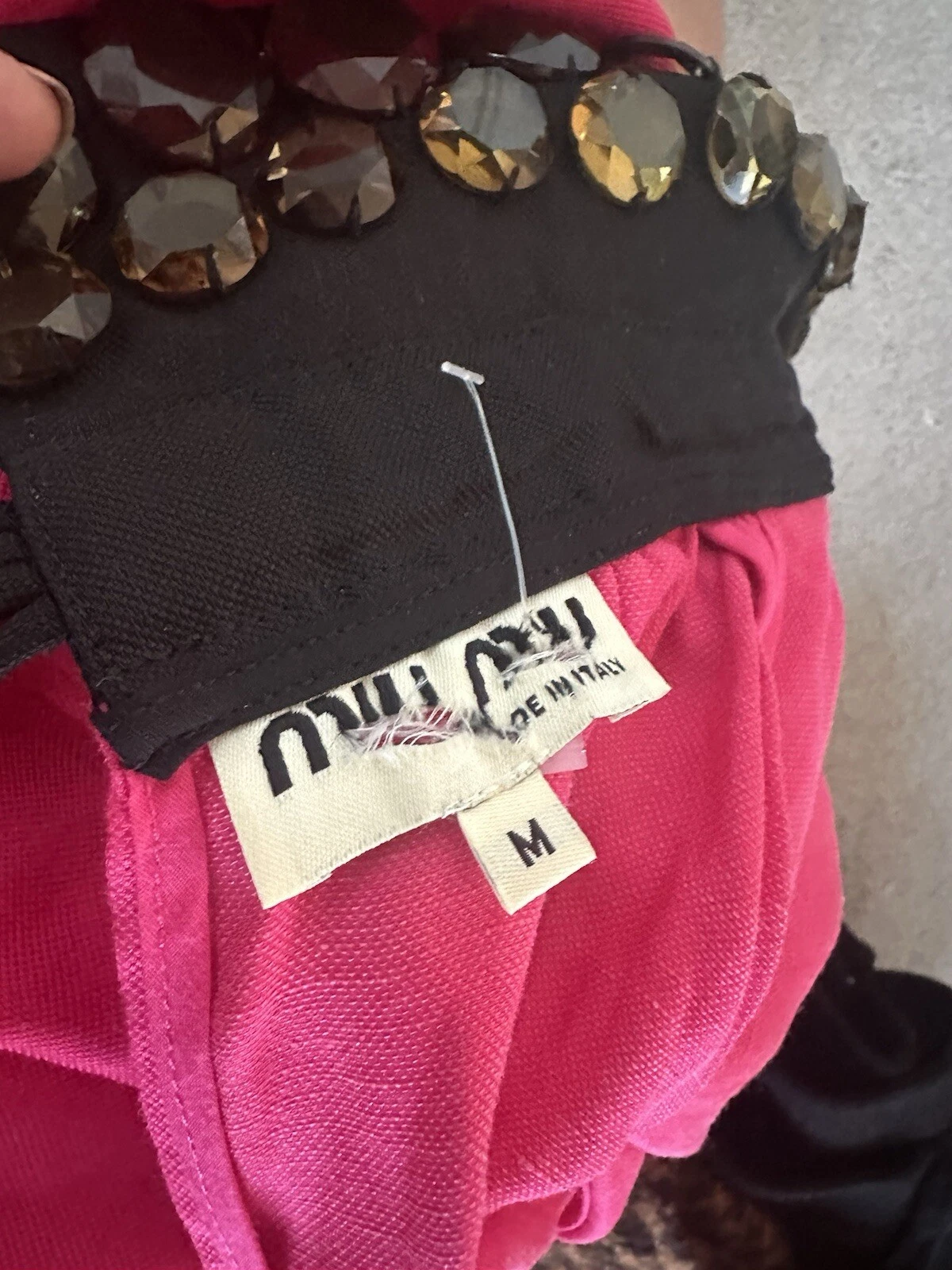 Autentico Abito Miu Miu Rosa Lino Shift Gioiellato Medio