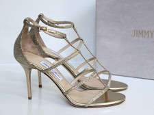 sz 9 / 39 Jimmy Choo Dory Gold Glitter Open Toe Ankle Strap Sandal Heel Shoes