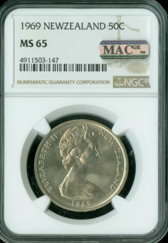 1965 INGRAVED EDGE NEW ZEALAND 50 CENTSE NGC MS65 PQ MAC SPOTLESS  .