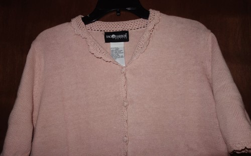 Sag Harbor Petite Light Pink Crocheted Trim Short Sleeve Sweater Petite Large - Picture 7 of 8