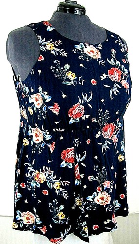 Torrid 1 Navy Floral Tank Challis Babydoll Cami Button back Blue 1X 14 16 New - 第 1/7 張圖片