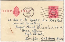 GVI: Letter Card: Banbury-Lt Cdr H.B.Binks, Royal Naval Benevolent Trust,Chatham