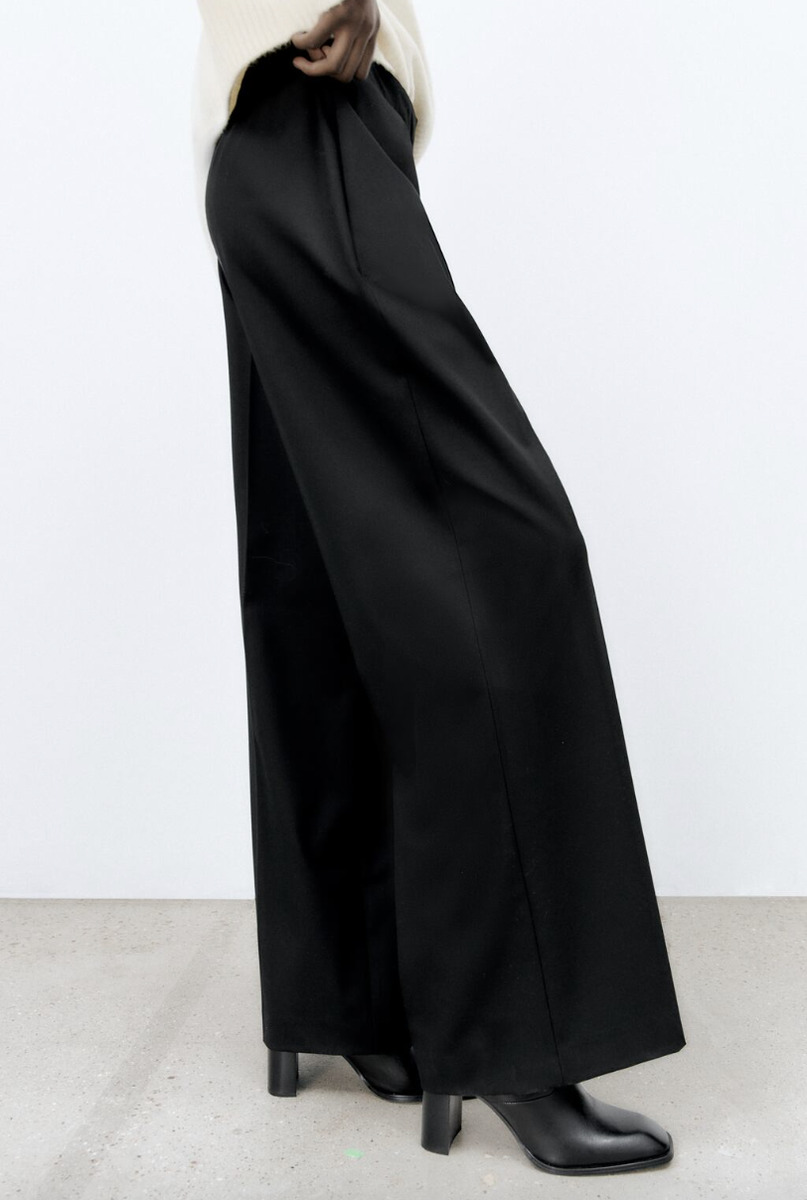 ZARA WOMEN NWT HIGH-WAISTED WIDE LEG PANTS Elastic Waist BLACK