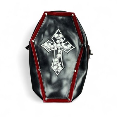 Vintage Addicted Black Leather Coffin Hand Bag Skull Goth Emo 