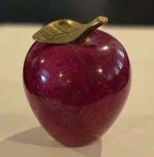 Marble Stone Alabaster Red Apple Paperweight(s) Gold tone Stem Leaf 3.5”