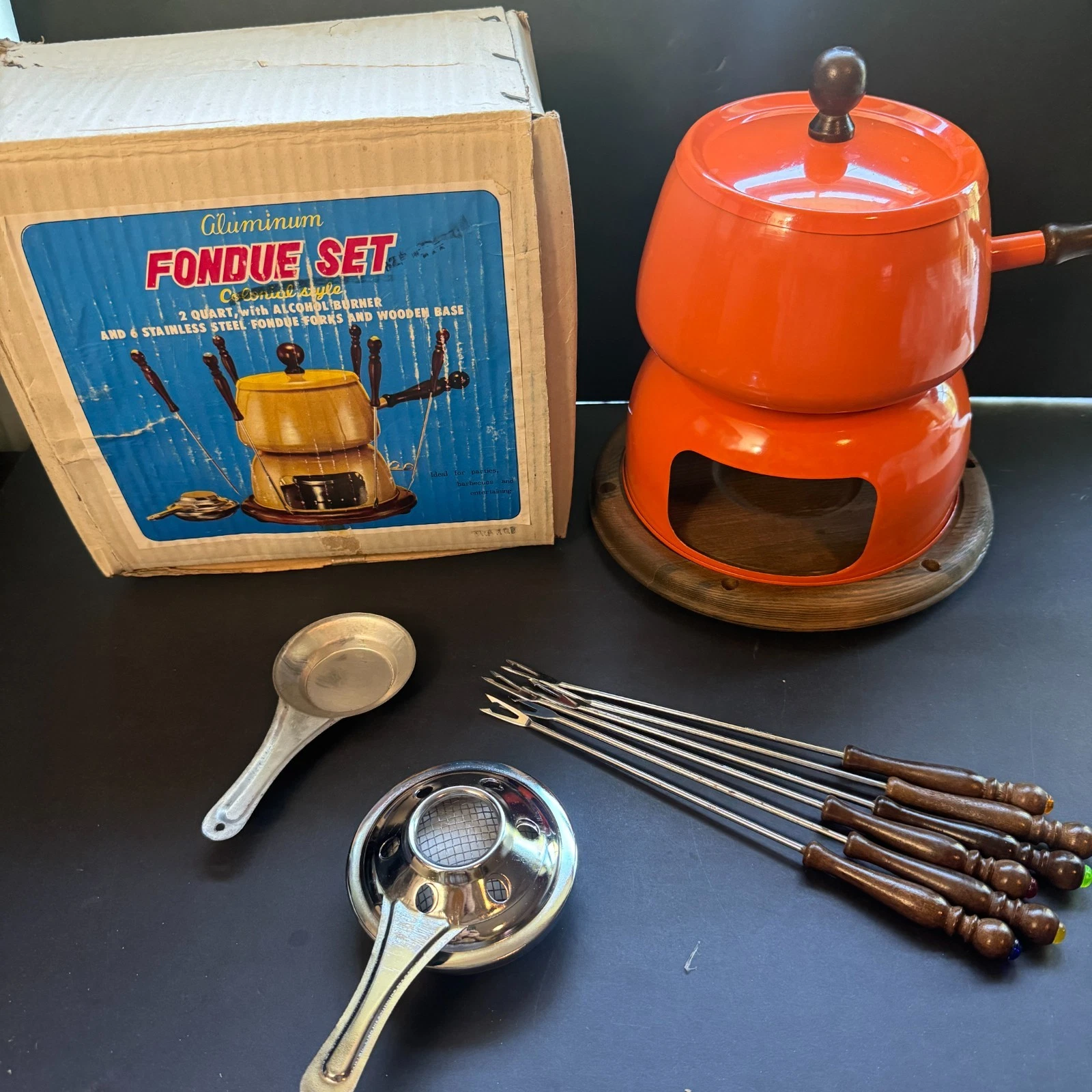 Rare Vintage MCM Complete Orange Fondue Pot Set With Stand & Skewers UNUSED
Opens in a new window or