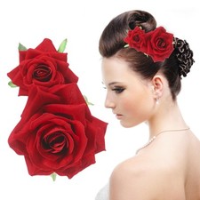 Red Rose Flower Hair Clip, Fabric Rose Brooch Floral Clips for Women Girl Wed...