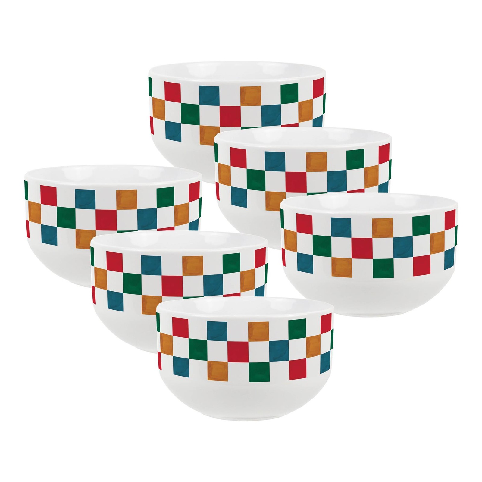 Chequered Large Cereal Bowl Set - 6x Ceramic Colourful Serving Bowls
