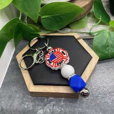 5" Silver-Tone Fire Department Silicone Bead Purse Tumbler Charm Keychain B6852