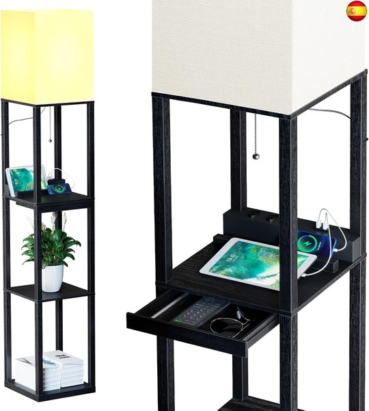 SUNMORY Lampara de pie Madera con 3 Temperaturas De Color, 2 Puertos de Carga