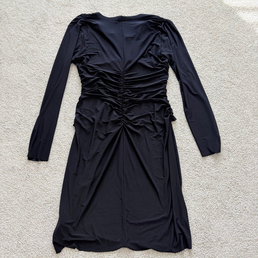 Norma Kamali Dress Womens XL Black V Neck Ruched Knee Length Professional Modest View 6