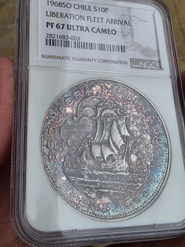 Chile 10 pesos 1968 So, NGC PF67, Arrival Liberation Fleet silver Beautiful Tone