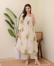 Indian Traditional Set;Cream Floral Printed Cotton A-line Kurta with Palazzo