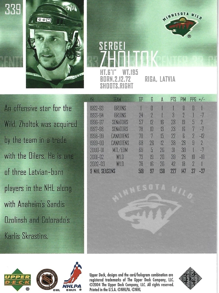 2003-04 Upper Deck - Sergei Zholtok #339 - Image 2 of 2
