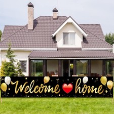 Welcome Home Banner Decoration, Black Gold Welcome Back Home Yard Sign for Ou...