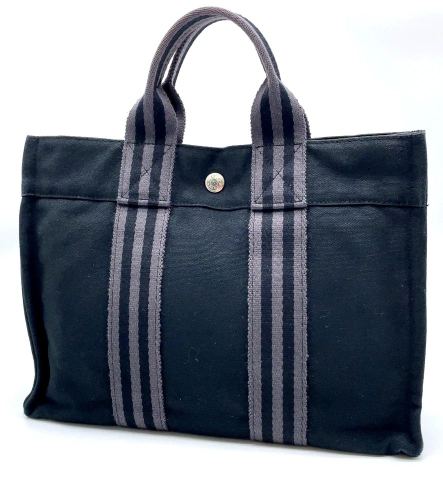 Auth HERMES Foul Tou PM Canvas Black Gray Tote Bag W/Paperbag i100848 - Image 3 of 4