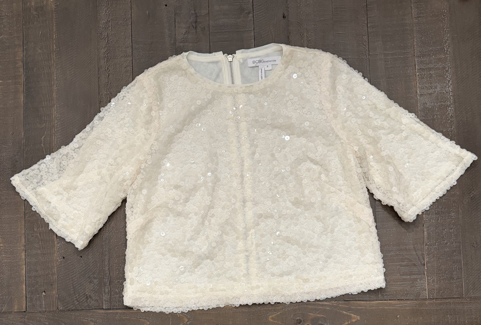 BCBGeneration Ivory Mesh Sequin Zip Back Blouse W… - image 1
